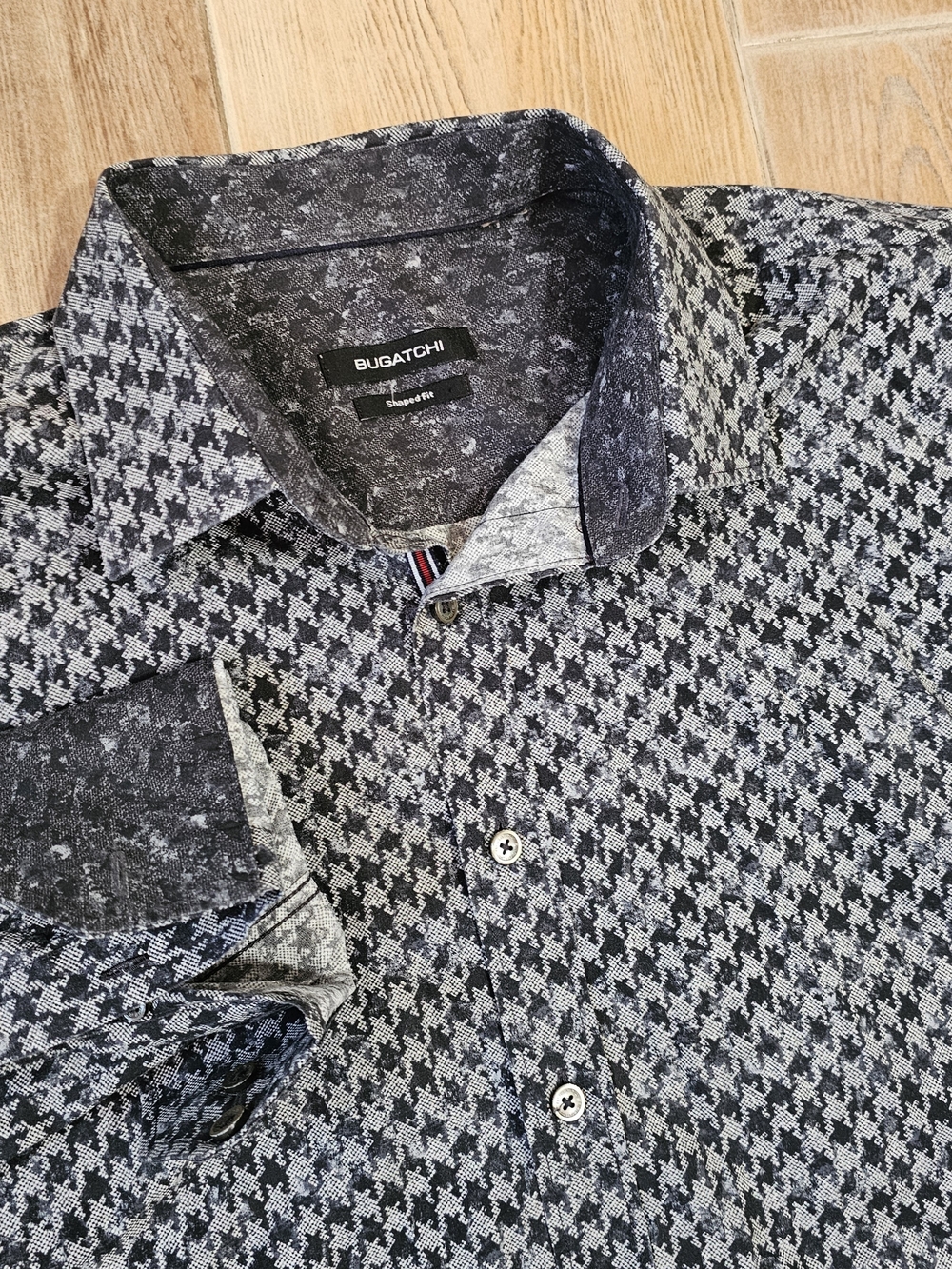 Bugatchi Men's Grey Houndstooth Button-Down Flip Cuff Shirt, Large